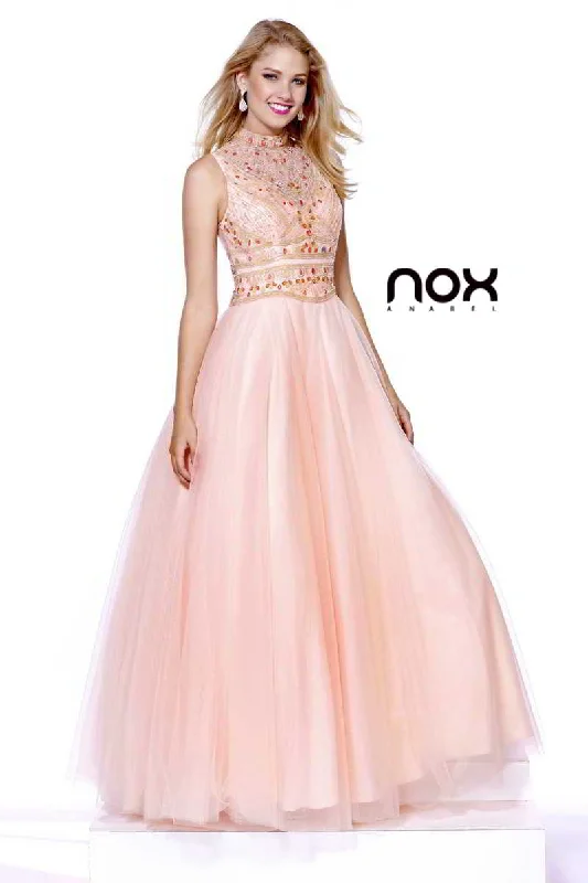 Peach High Collar Neckline Beaded Long Prom Dress_8212 BY NARIANNA