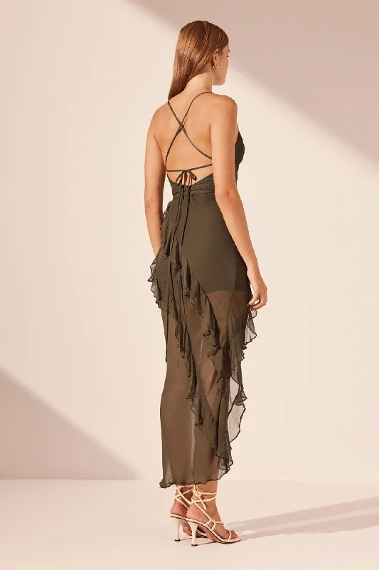 ODEN COWL NECK ASYMMETRICAL MAXI DRESS - OLIVE