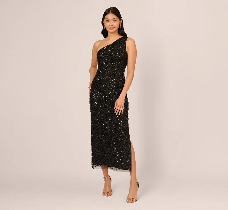 One Shoulder Sequin Beaded Ankle Length Dress In Black