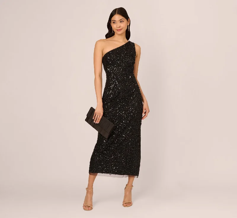 One Shoulder Sequin Beaded Ankle Length Dress In Black