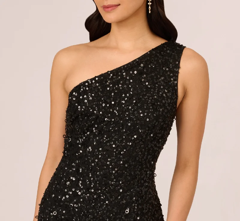 One Shoulder Sequin Beaded Ankle Length Dress In Black