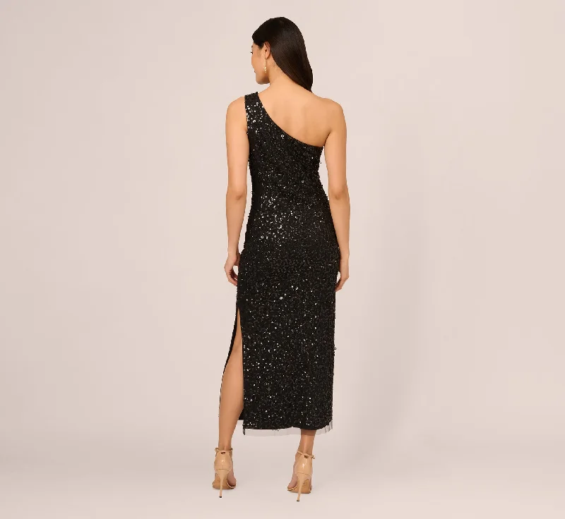 One Shoulder Sequin Beaded Ankle Length Dress In Black