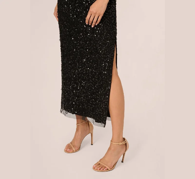 One Shoulder Sequin Beaded Ankle Length Dress In Black