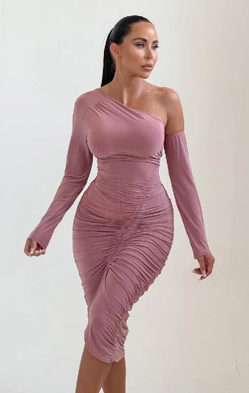 Pink Cold Shoulder Bodycon Ruched Midi Dress - Georgie