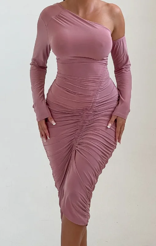 Pink Cold Shoulder Bodycon Ruched Midi Dress - Georgie