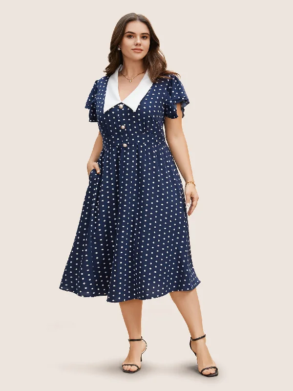 Polka Dot Ruffle Cap Sleeve Button Detail Dress