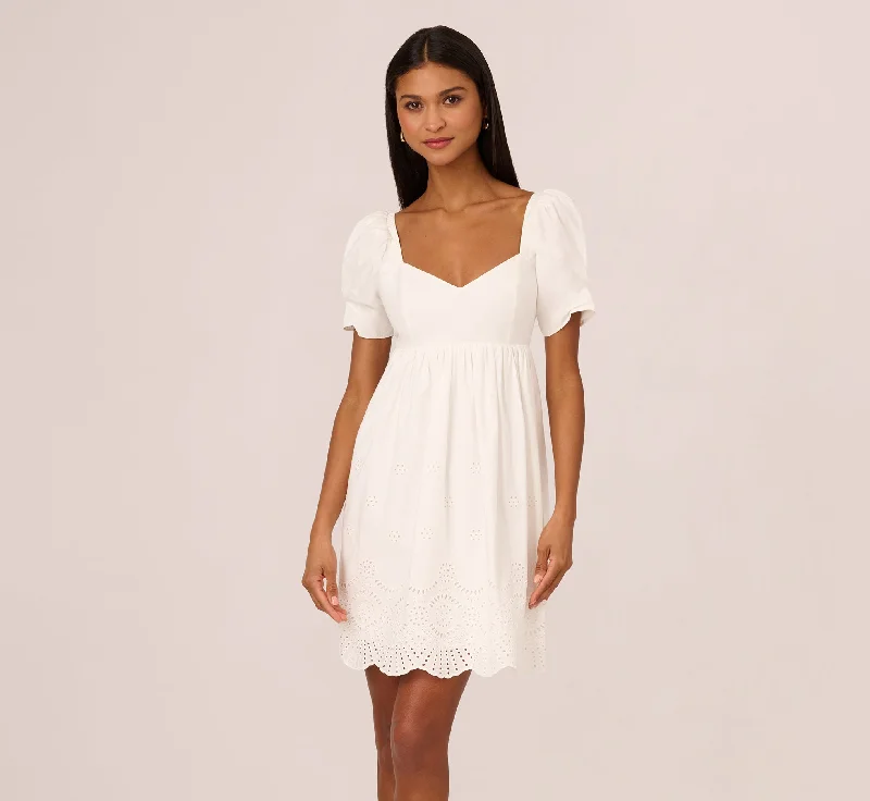 Puff Short Sleeve Eyelet Dress With Empire Waist In Ivory