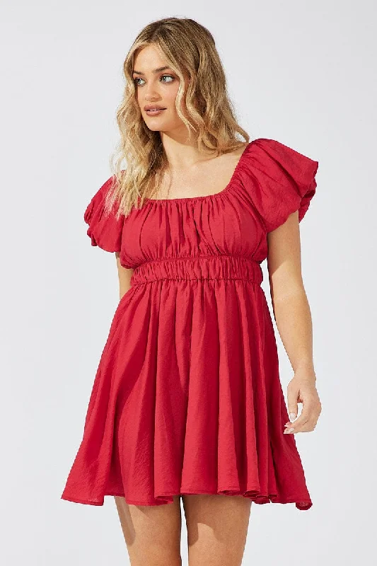 Red Fit and Flare Dress Short Sleeve Ruched