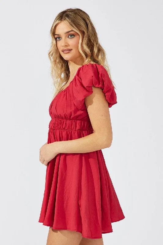 Red Fit and Flare Dress Short Sleeve Ruched