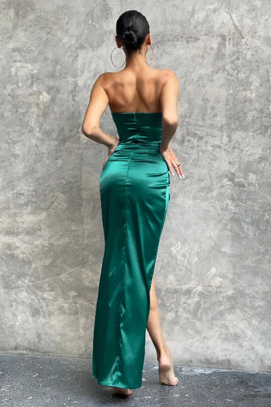 Romancing | Teal Green Satin Bandeau Corset Detail Maxi Dress