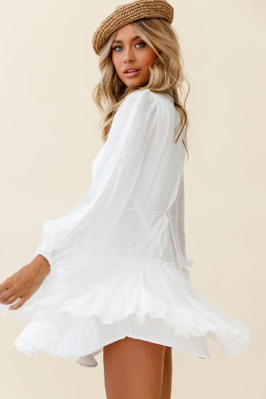 Rosabel Balloon Sleeve Fluted Hem Dress White