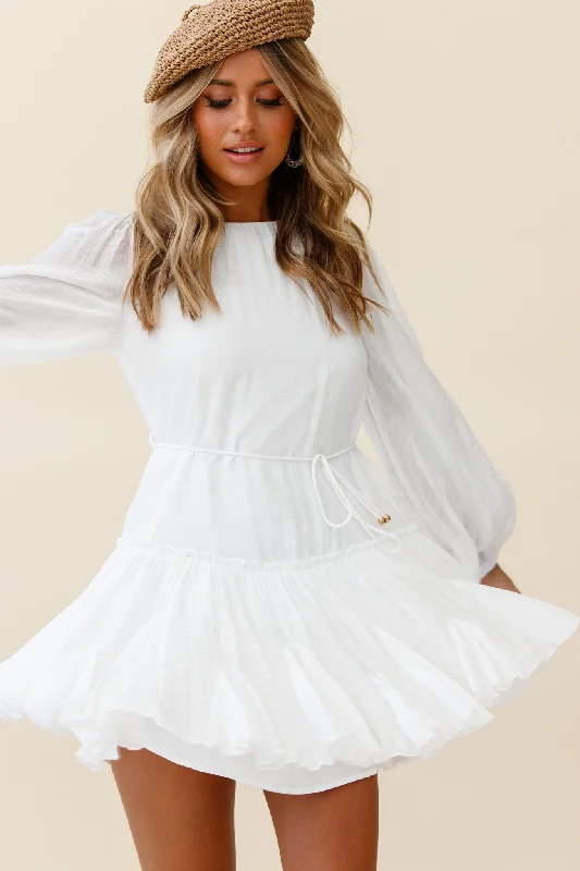 Rosabel Balloon Sleeve Fluted Hem Dress White