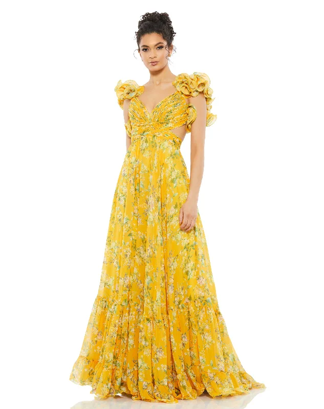 Yellow Ruffle Tiered Floral Cut-Out Chiffon Gown