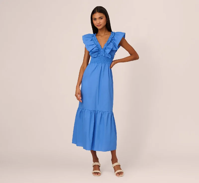 Ruffled Maxi Dress With Shirred Details In Cool Water