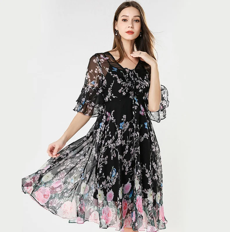 TWO PEARS-Ruffled Sleeve Floral Dress