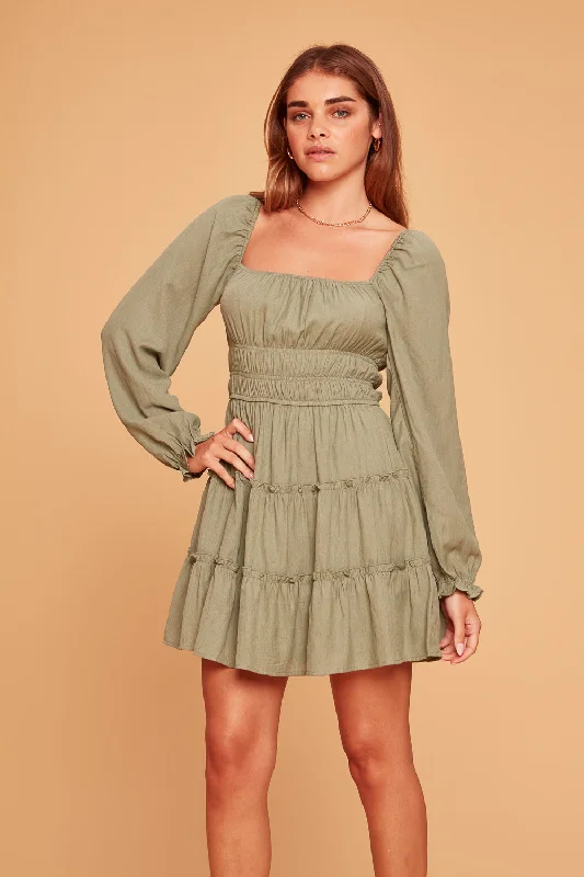 Sage Long Sleeve Ruffle Dress