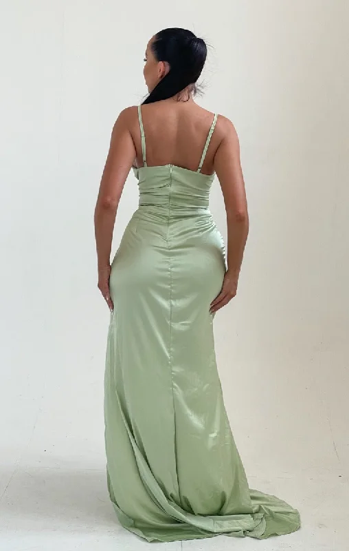 Sage Strappy Satin Side Split Maxi Dress - Karina