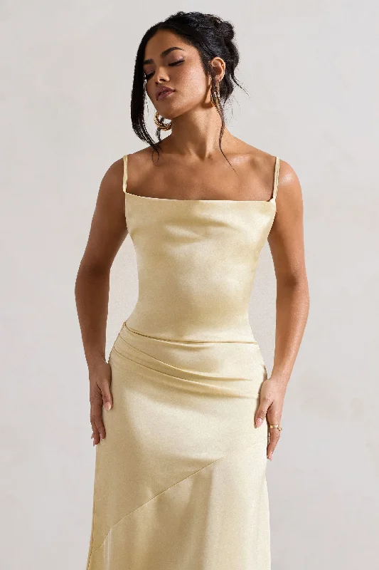 Santi | Lemon Satin Cowl-Neck Asymmetric Maxi Dress