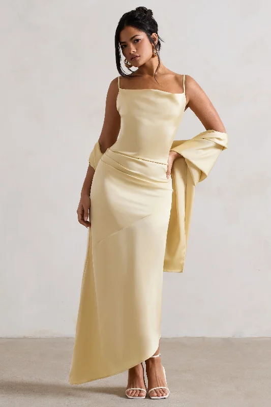 Santi | Lemon Satin Cowl-Neck Asymmetric Maxi Dress