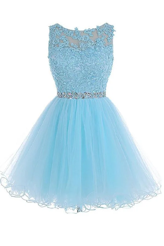 Scoop Short Blue Zipper-up Tulle Homecoming Dress PG013