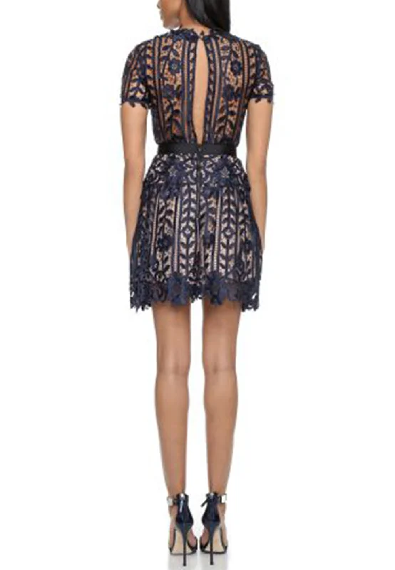 Dark Navy Amarylis Short Sleeves Lace Mini Dress