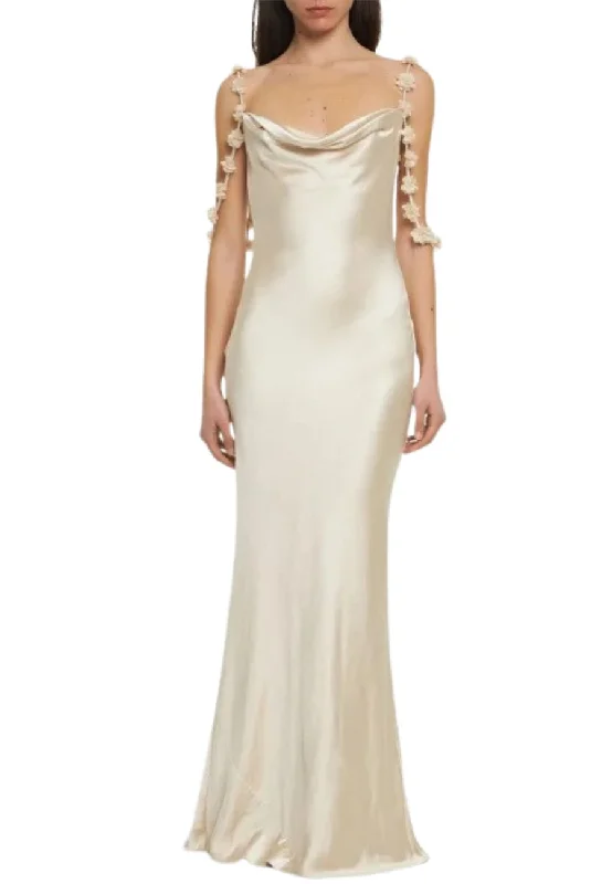 Ivory Satin Flower Maxi Dress