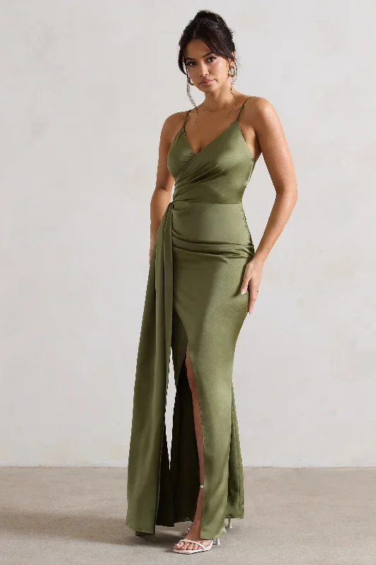 Soraya | Olive Green Satin V-Neck Split Maxi Dress With Drape