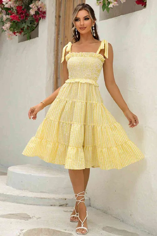 Striped Tie-Shoulder Tiered Dress