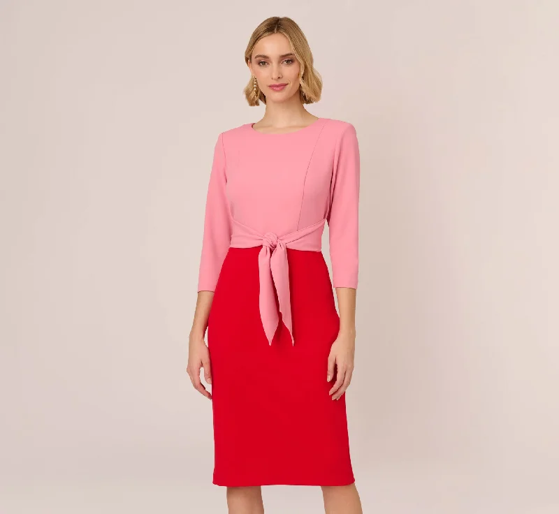 Three Quarter Sleeve Colorblock Dress With Tie Front In Pink Red