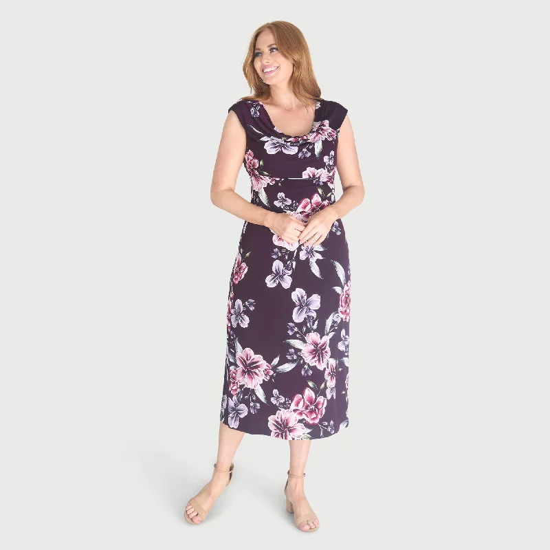 Tonya Plum Floral Cowl Neck Midi Dress