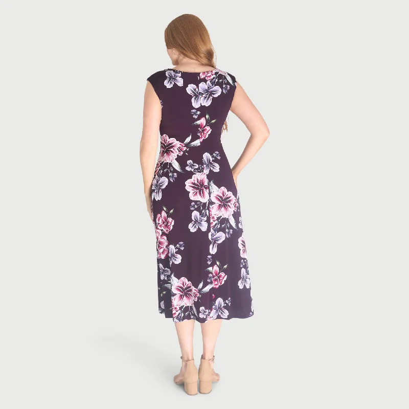 Tonya Plum Floral Cowl Neck Midi Dress