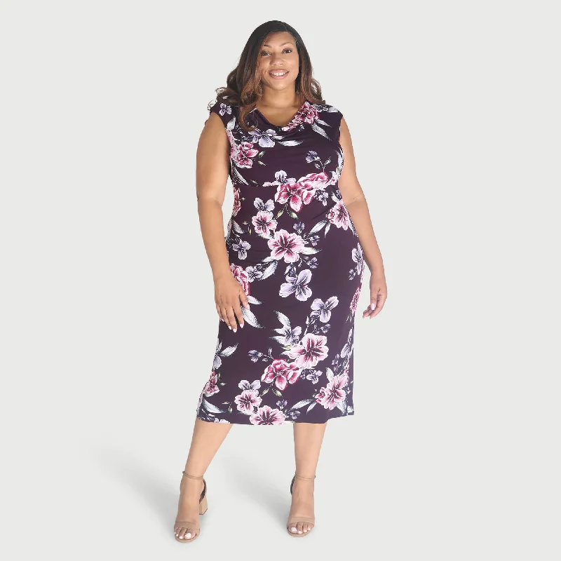 Tonya Plum Floral Cowl Neck Midi Dress