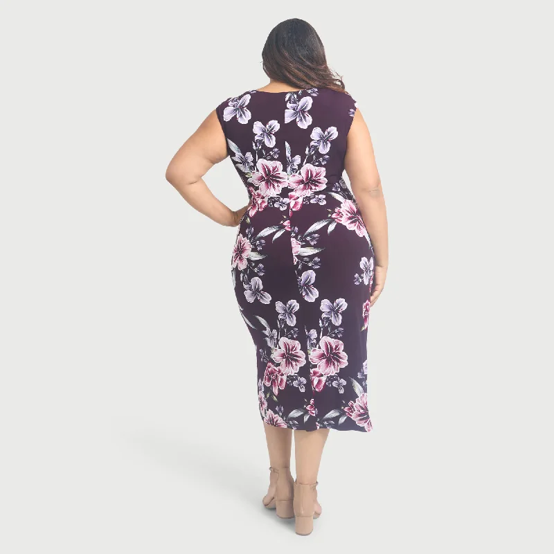 Tonya Plum Floral Cowl Neck Midi Dress