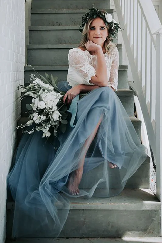 Tulle A-Line Grey Blue Long Bridesmaid Dress with Lace