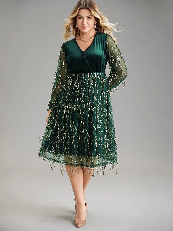 Velvet Sequin Tassels Mesh Surplice Neck Dress