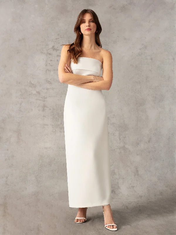 White Crepe Boned Bandeau Dress