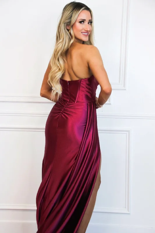 Whitley Strapless Satin Slit Formal Dress: Burgundy