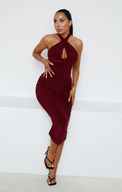 Wine Slinky Halter Neck Cut Out Bodycon Midi Dress - Darcie