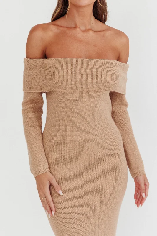 Winter Wonder Off-Shoulder Knit Maxi Dress Mocha