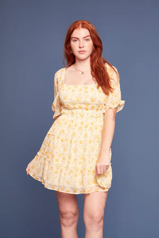 Yellow Floral Tier Sleeved Dress