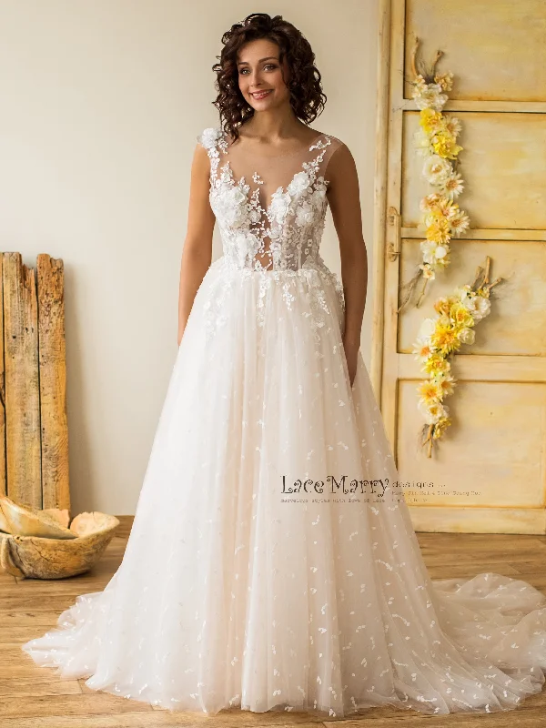 3D Flowers Wedding Dress in A-Line Style