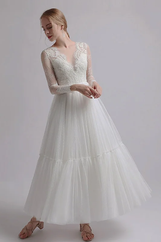 A-Line Ankle Length Lace Tulle Wedding Dress CW2734