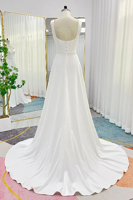 A-Line Sweep-Brush Train Stretch Satin Wedding Dress CW3287