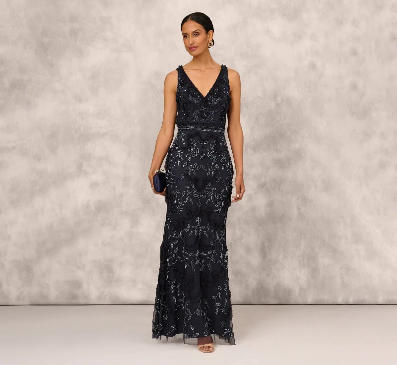 Beaded Ruffle Sleeveless Gown With V-Neck And Back In Twilight