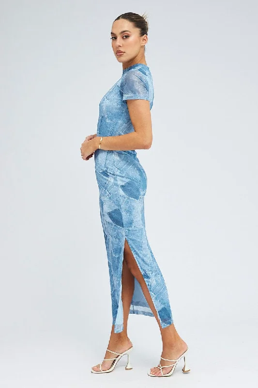 Blue Print Maxi Dress Short Sleeve Crew Neck Bodycon Mesh