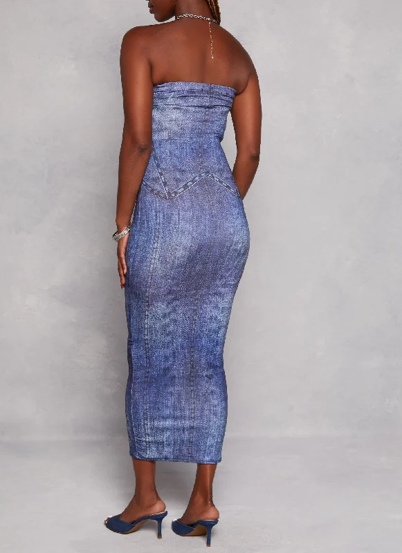 Seamless Denim Print Tube Maxi Dress