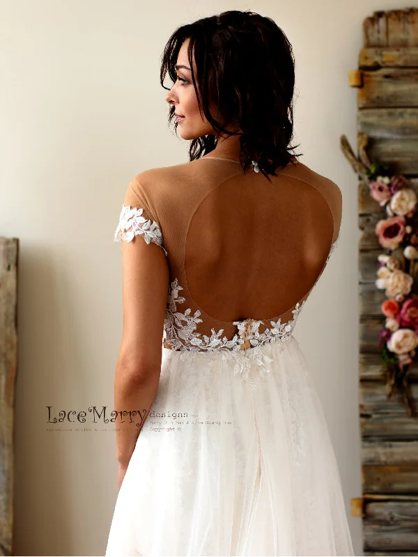 Boho Lace Wedding Dress with Illusion Off Shoulder Cap Sleeves