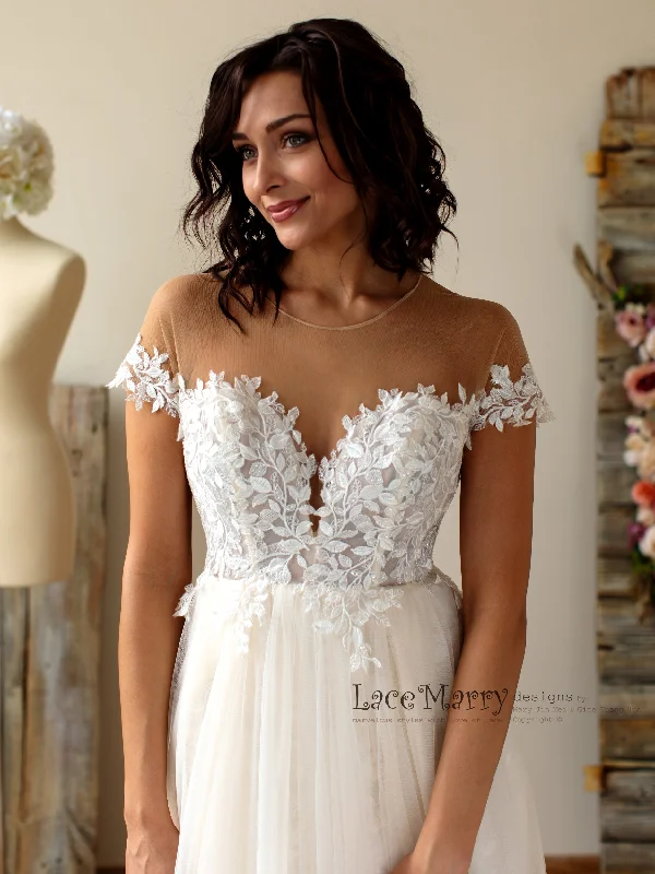 Boho Lace Wedding Dress with Illusion Off Shoulder Cap Sleeves