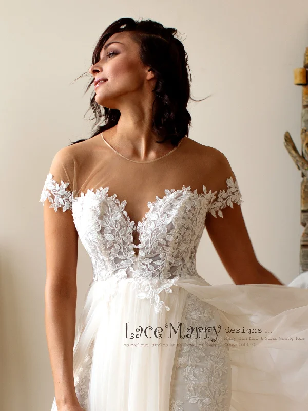 Boho Lace Wedding Dress with Illusion Off Shoulder Cap Sleeves