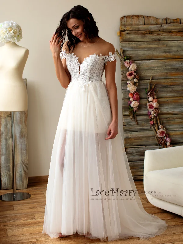 Boho Lace Wedding Dress with Illusion Off Shoulder Cap Sleeves